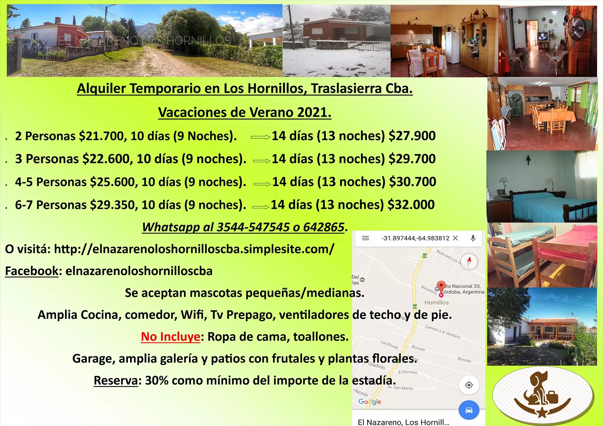 Alquiler temporario para 2, 3, 4-5, y 6-7 personas en Córdoba,  Traslasierra
